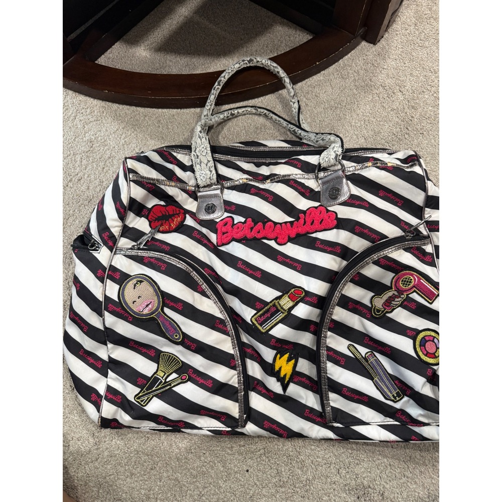 Betseyville Striped Duffle Bag Black White Pink Patches Y2K‎ Weekender Travel
